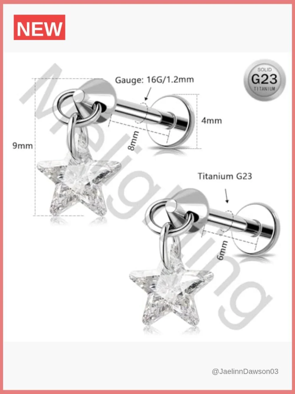 16G Titanium Vertical Helix Piercing Star Dangle Stud Earring
